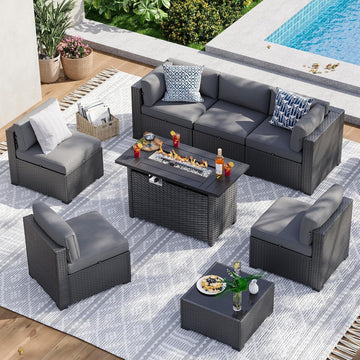 8 Piece Patio Furniture Set with 44" Fire Pit Table, Wicker Rattan Patio Sectional Sofa, Outdoor Furniture Set with