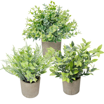 Artificial Potted Plants Set of 3, Mixed Faux Greenery with Artificial Eucalyptus &False Fern Grass, Small Fake Plant