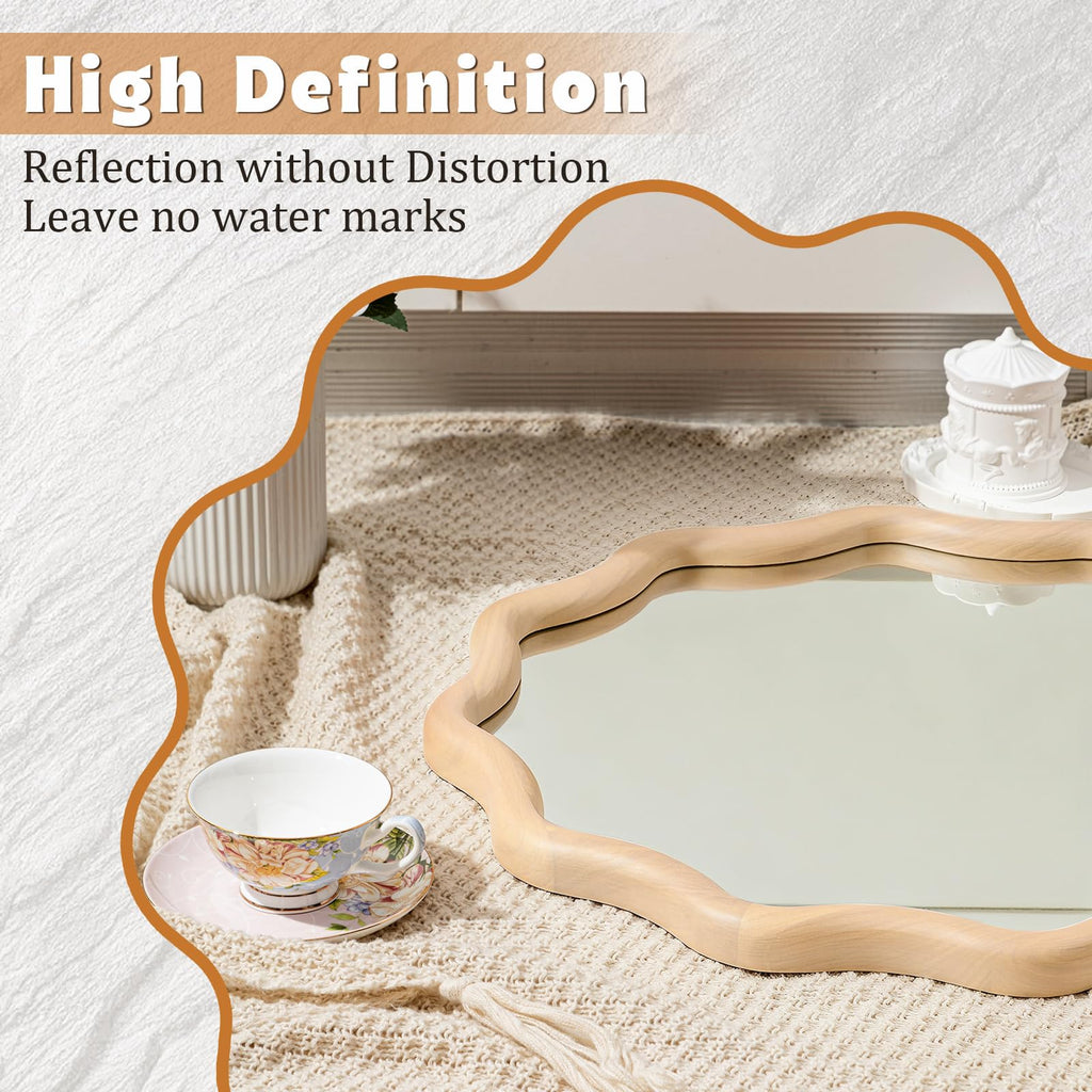 24" Scalloped Wood Wall Mirror, Boho Wall Decor, Natural