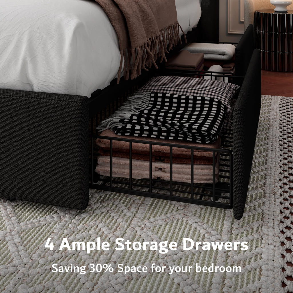 King Bed Frame with 4 Storage Drawers, Upholstered Platform Bed Frame with Type-C & USB Ports, Wingback Storage