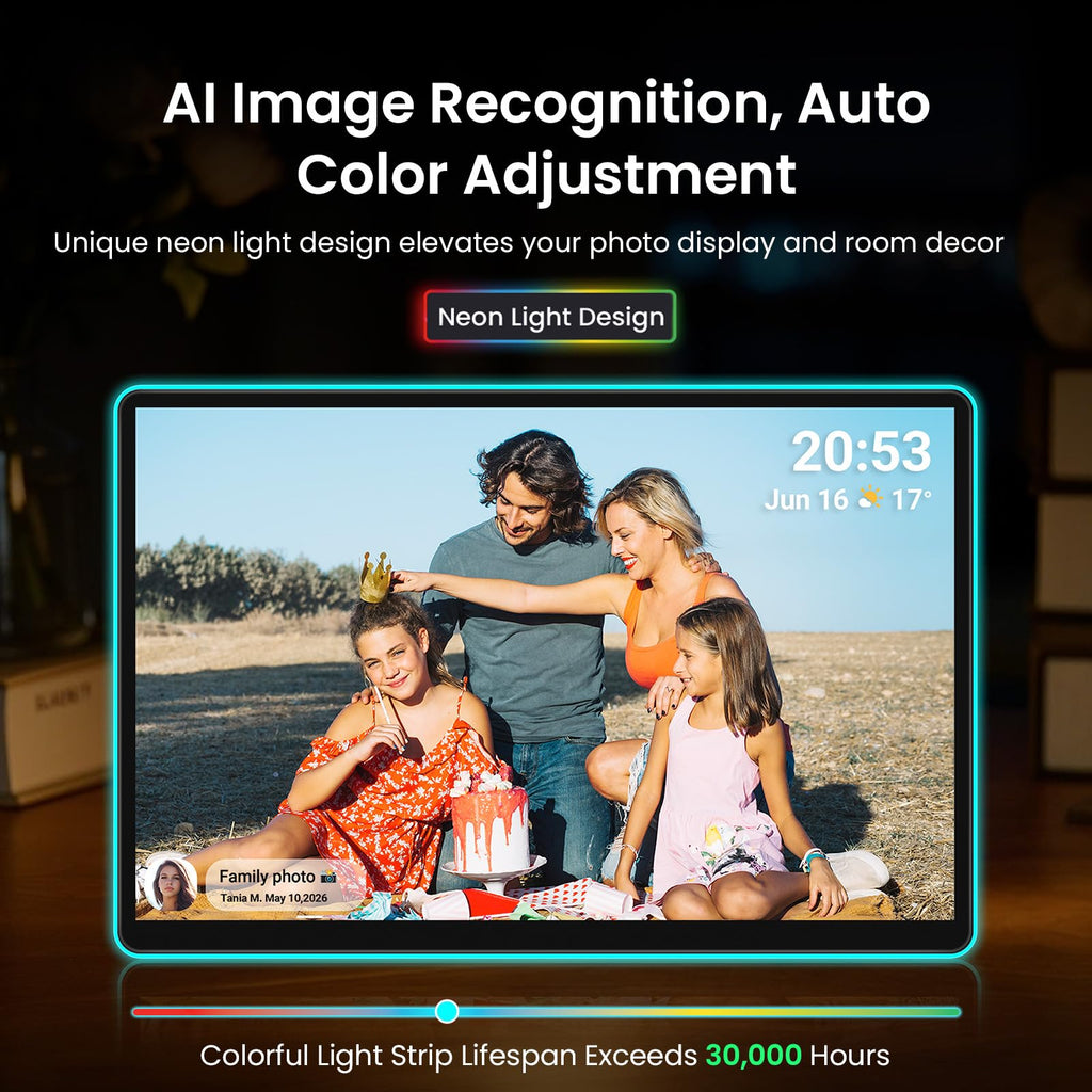 14" Neon Light Digital Picture Frame, Desk Digital Calendar, Auto-synced Schedule via Frameo App - 2K FHD Touchscreen
