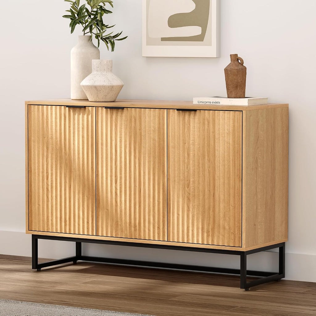 Fluted Storage Cabinet with 3 Doors, Sideboard Buffet Cabinets, Modern Accent Cabinets with Adjustable Shelves