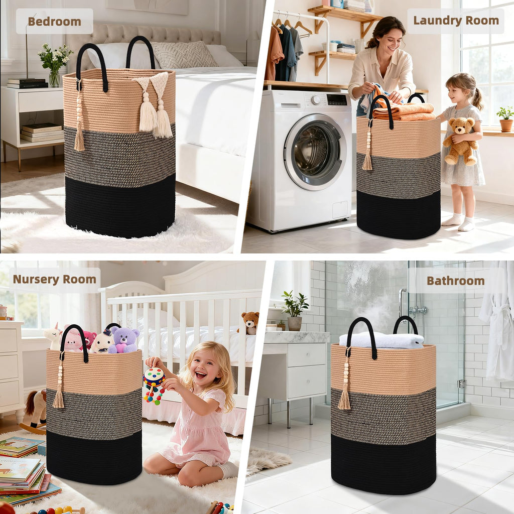 Woven Laundry Basket for Clothes, 80 L Large Rectangle Laundry Hampers with Beads Tassel, Nursery Storage Basket for