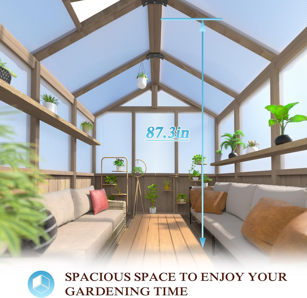 8x16FT Wood Greenhouse, Greenhouses with Cedar Frame, 6MM Thick Polycarbonate Panel, Wooden Green House with