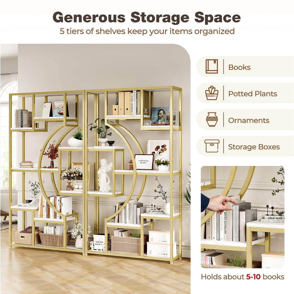 79" W Luxury Marble-Patterned White Gold Bookshelf, Set of 2