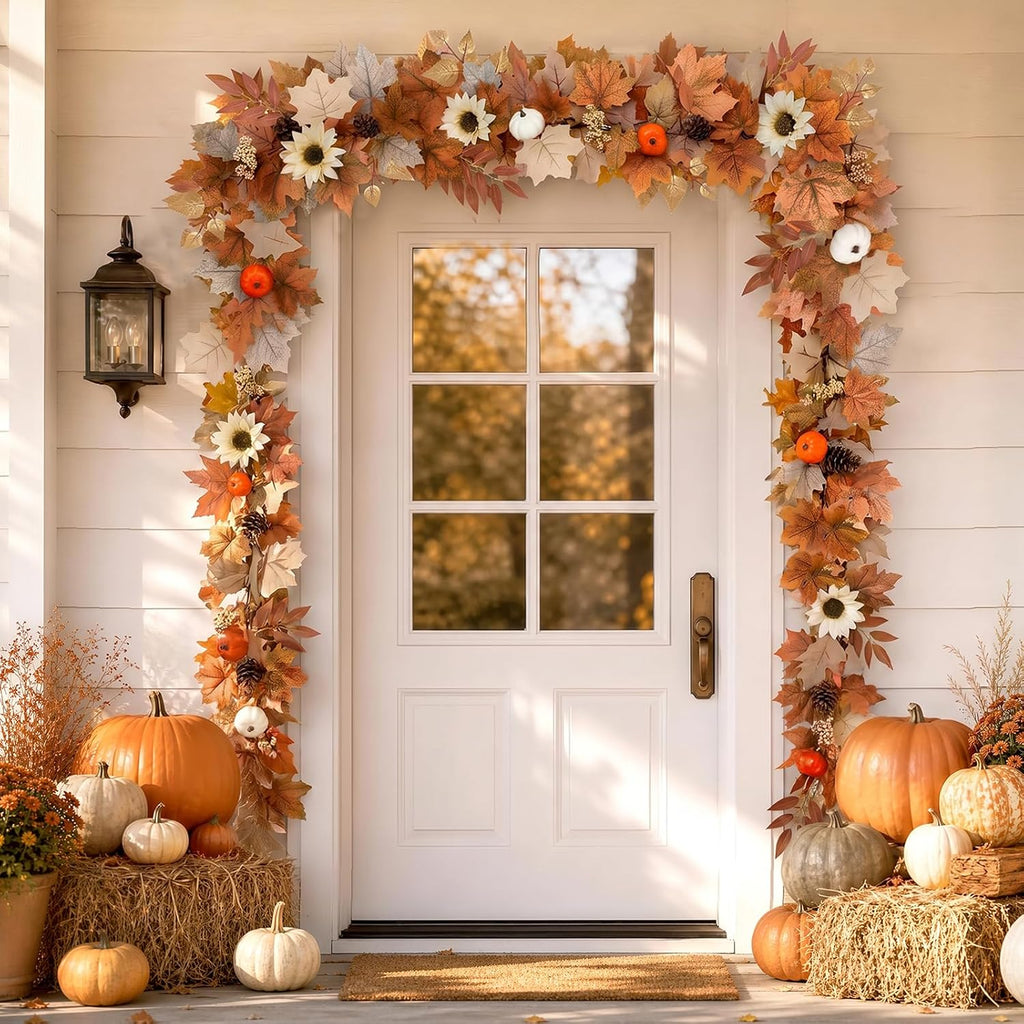 6Ft Lighted Fall Garland with Lights Sunflower Pumpkins for Mantle - Set of 6