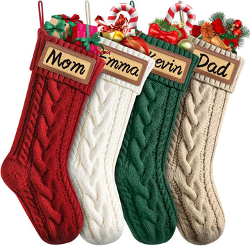 With Leather Patches Name, 18" Premium Large Knitted Christmas Stockings for Kids, Family, Holiday and Fireplace - Set of 4