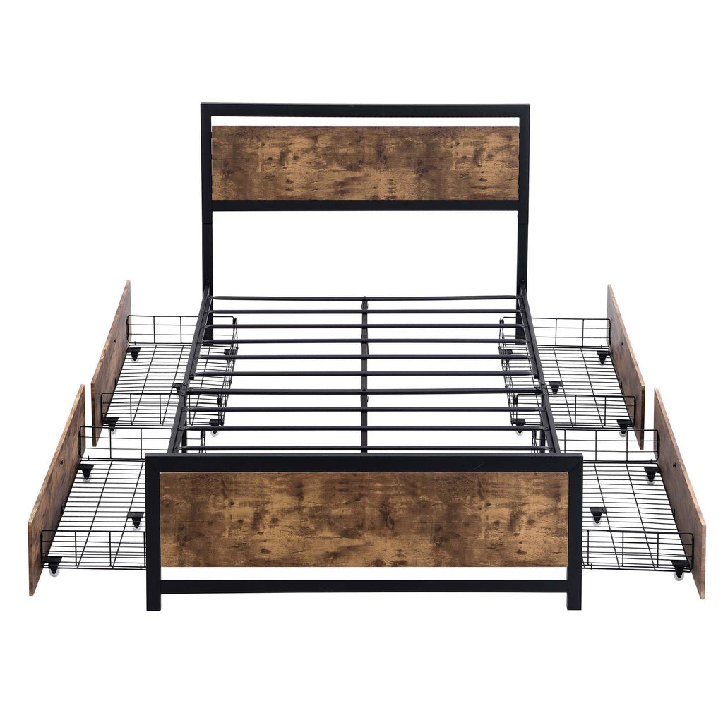 Farmhouse Bed Frame with Storage and 4 Drawers, Rustic Led Bed Frame with Headboard and Charging Station
