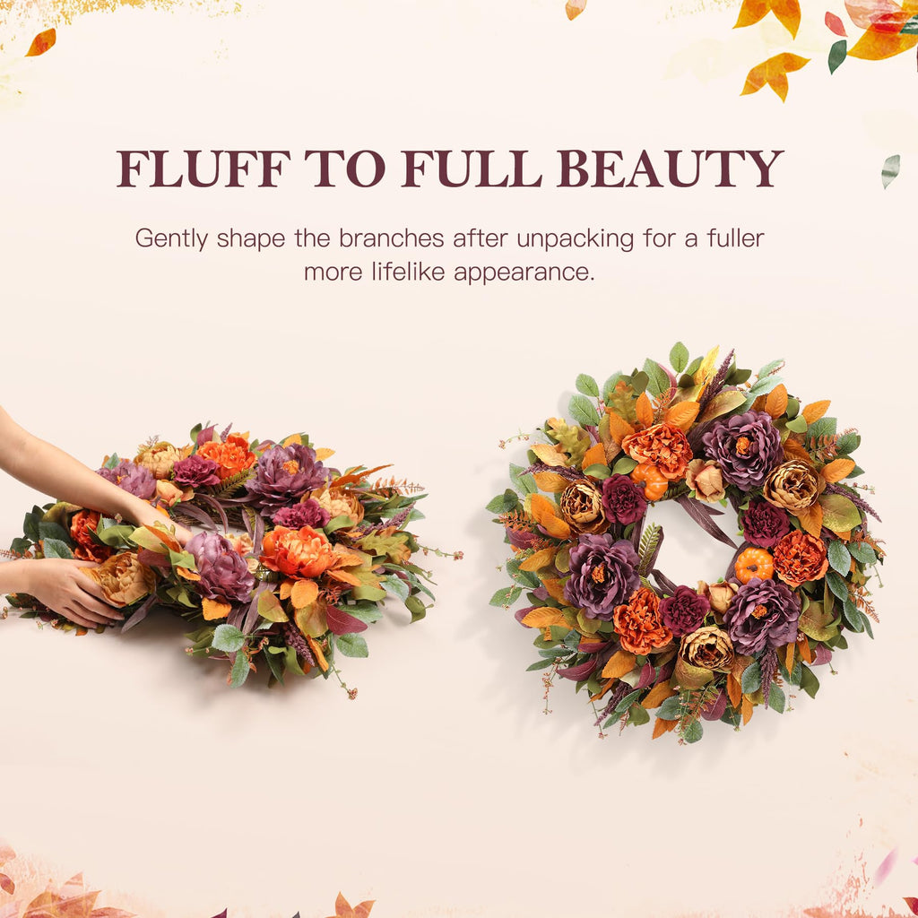 26 Inch Fall Wreath for Front Door, Large Autumn Harvest Wreath with Purple Peony, Pumpkin & Berries, Full and Lush