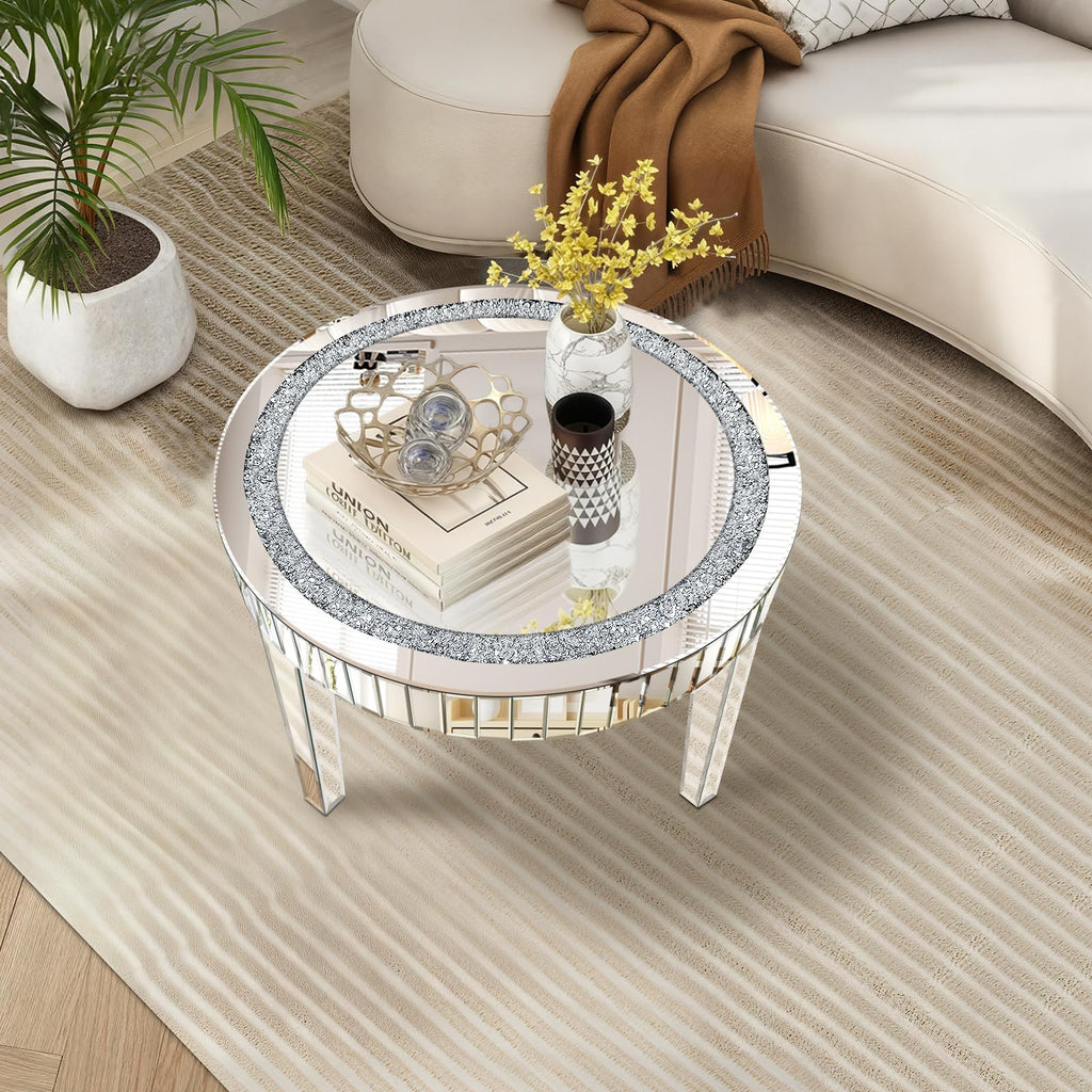 Silver Mirrored Coffee Table with Crystal Inlay, Round Glass Tea Table with Mirrored Finish, Modern Center Table
