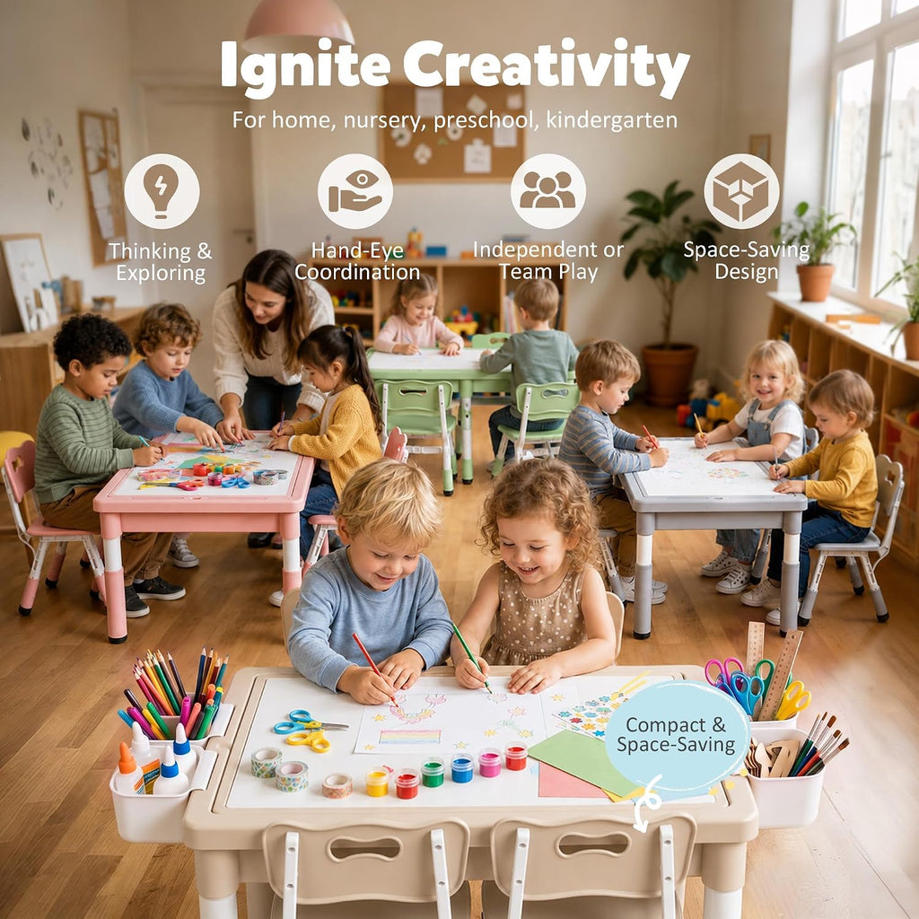 Kids Table and Chairs Set Large Storage, Height Adjustable