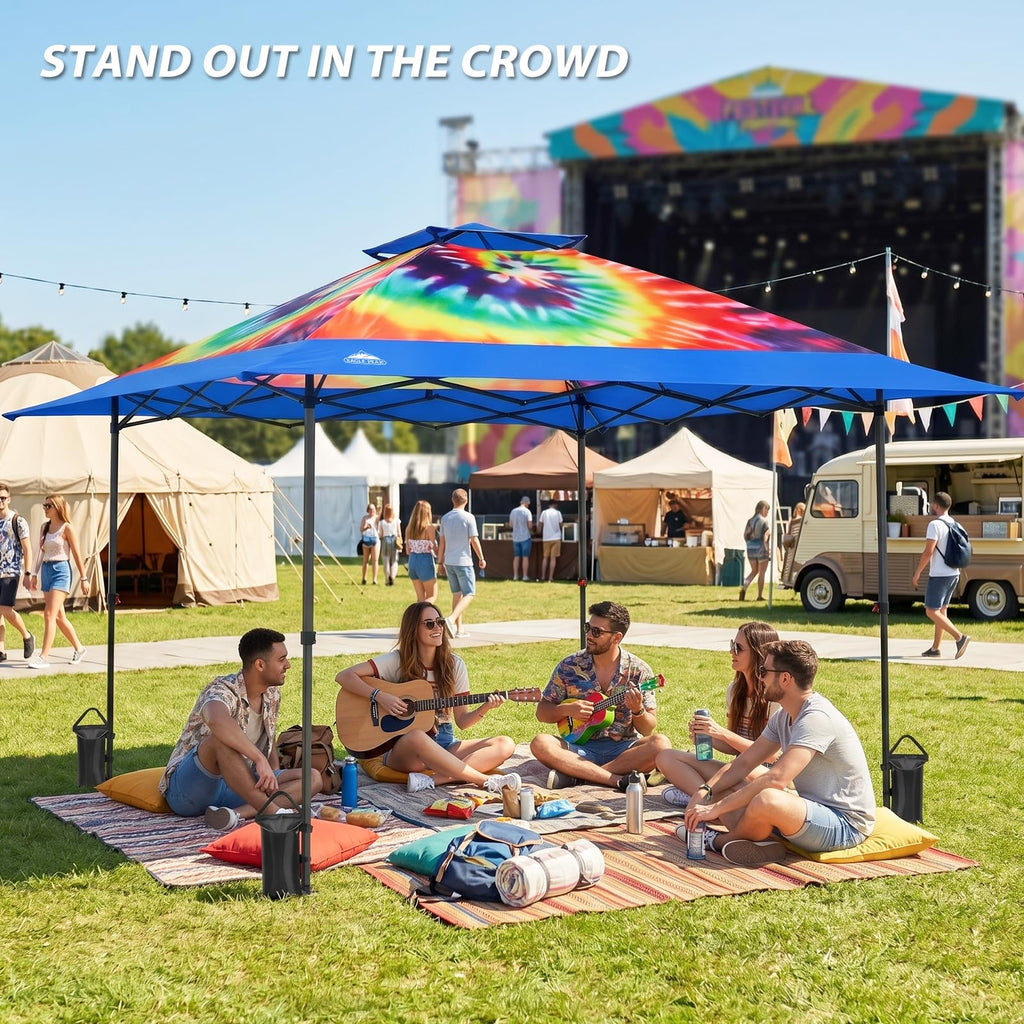 13x13 Pop Up Canopy Tent, Auto Extended Eaves, Cosmic Tie Dye
