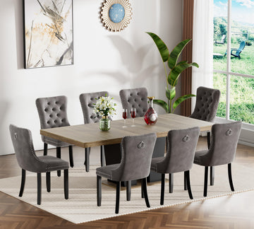 62.99" -78.74" Extendable Dining Table Set of 8, Brown Dining Room Table & 8 Gray Velvet Dining Chairs with Wood Leg