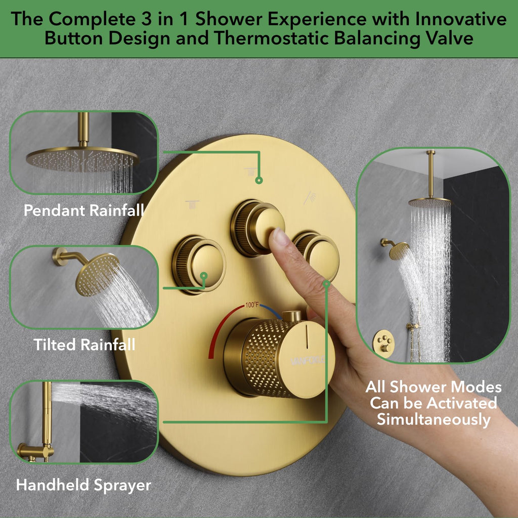 Thermostatic Shower Faucet Set Brushed Gold Shower System