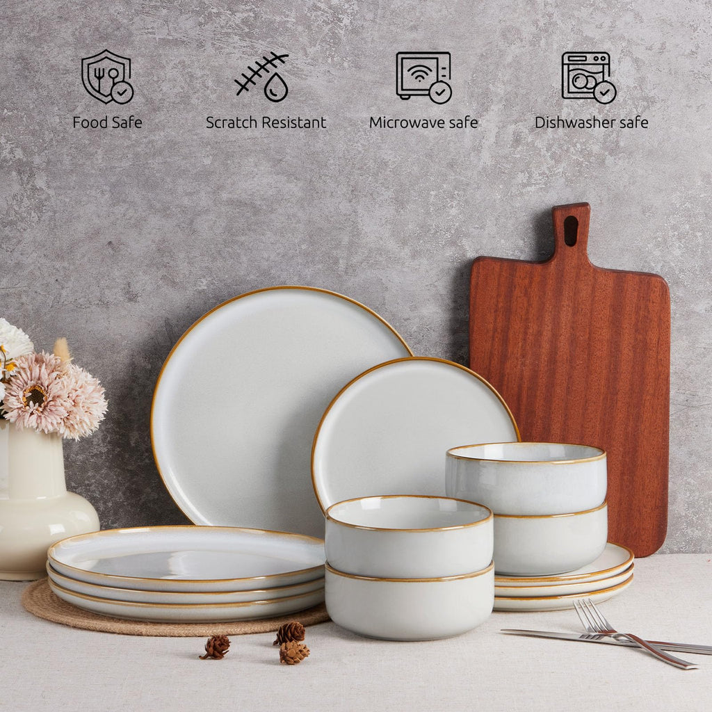 Dinnerware Sets for 6, 18-Piece Stoneware Plates and Bowls Set, Reactive Glaze Dinning Ware Dishes Set, Microwave &