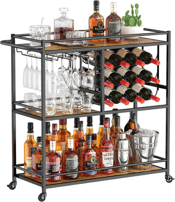 3 Tier Rolling Serving Bar Cart with Lockable Wheels, Rustic Brown | 12 wine rack and 3 rows glass holders, liquor