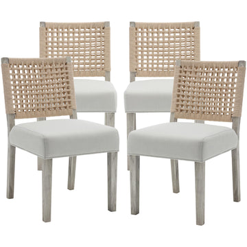 Upholstered Dining Chairs Set of 4, Boho Coastal Dining Room Chairs with Natural Woven Rope Back White Gray Washed
