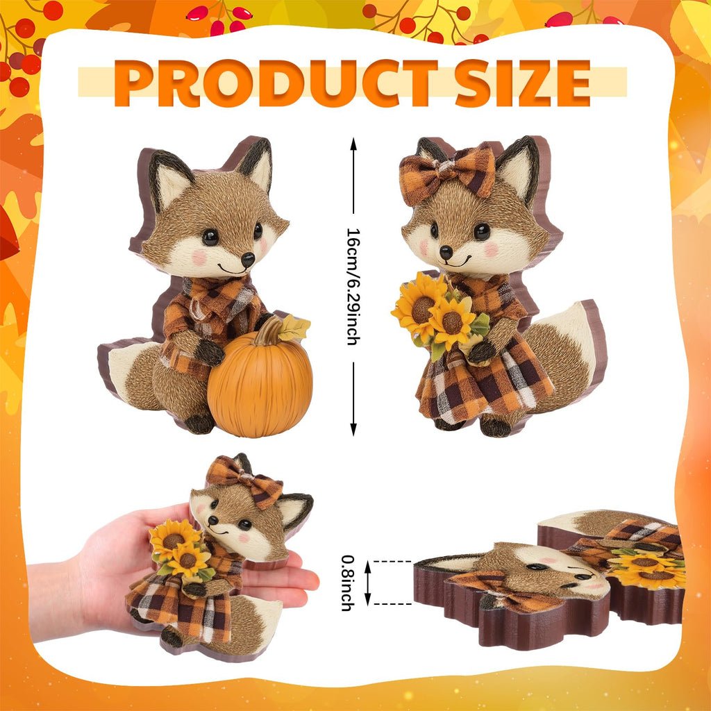 2 Pcs Fall Fox Figurines Wooden for Thanksgiving