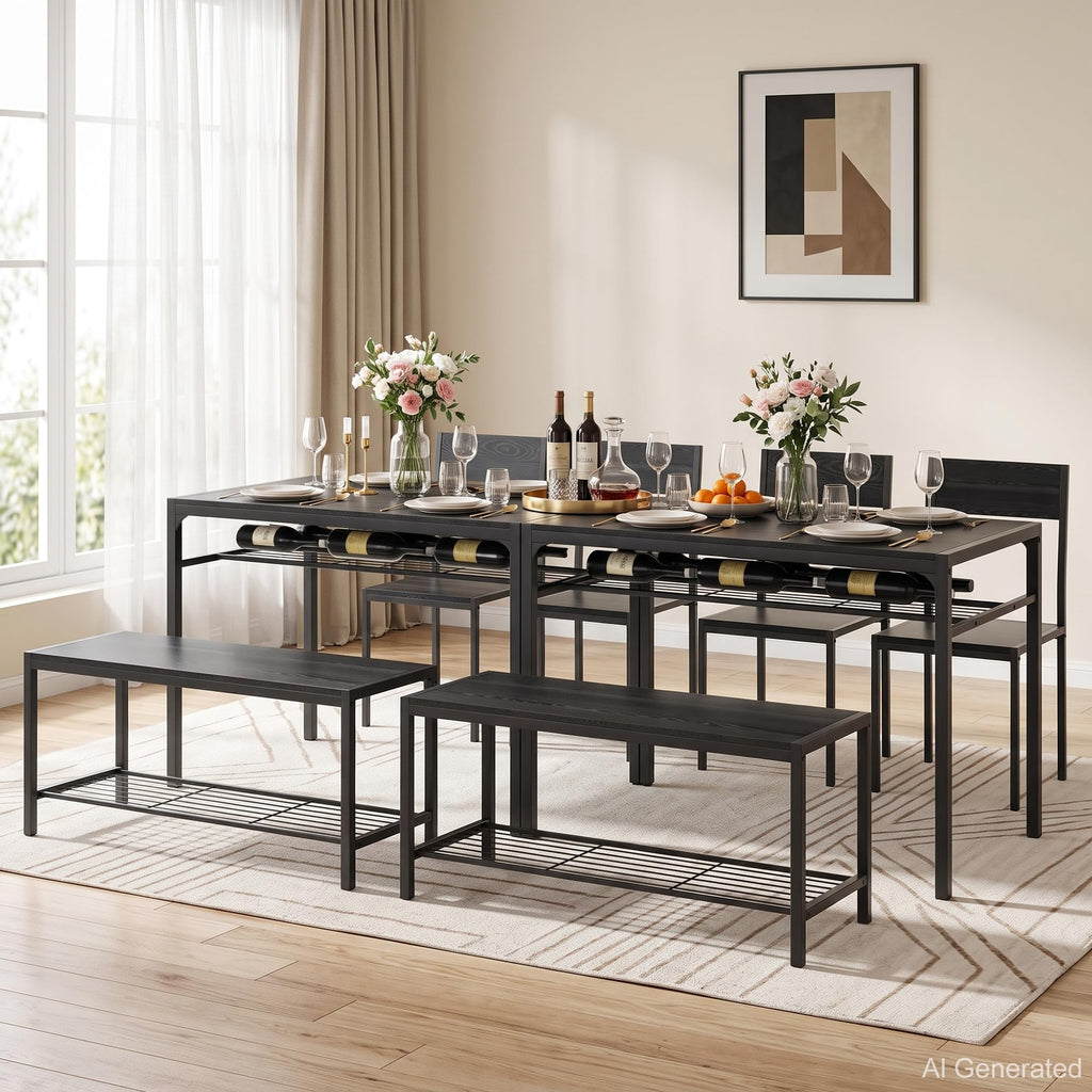 Kitchen Dining Room Table with 2 Chairs & Bench, Compact Space-Saving Design, Easy Assembly Steel Frame, Perfect for