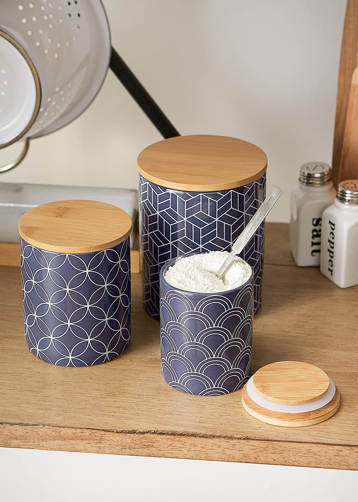 Kitchen Ceramics Collection, Canister Set, Mixed Print, Nautical Blue, 3 Piece
