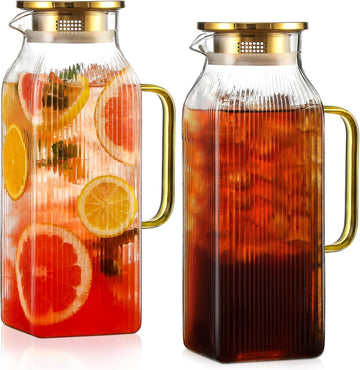 2 Pack 2 Liter/68 oz Square Glass Pitcher with Lid, Classic Stripes Water Pitchers with Handle for Fridge, Large Jug