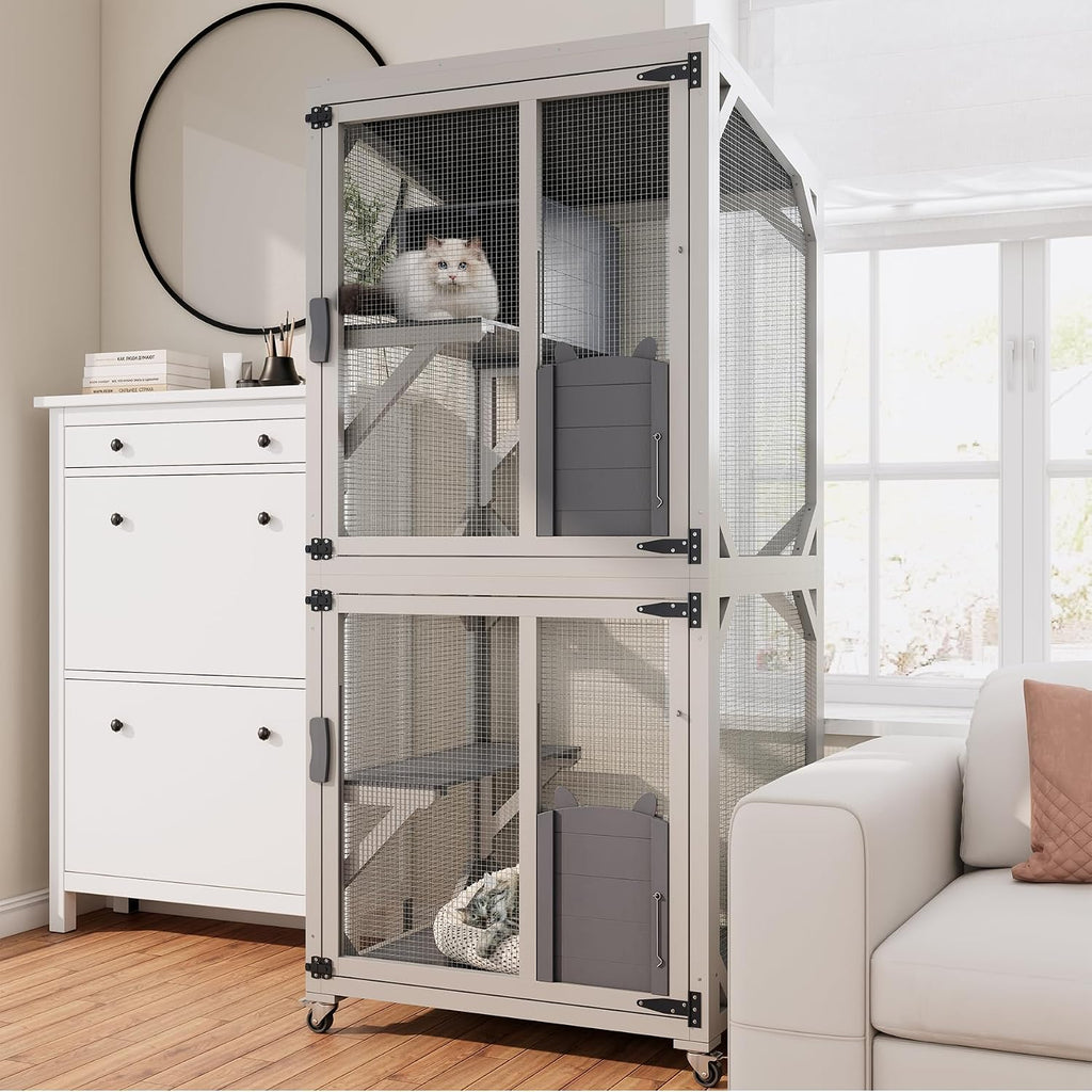 71.2 Inch Tall Wheeled Catio, Outdoor Wooden Cat Enclosure with 4 Doors