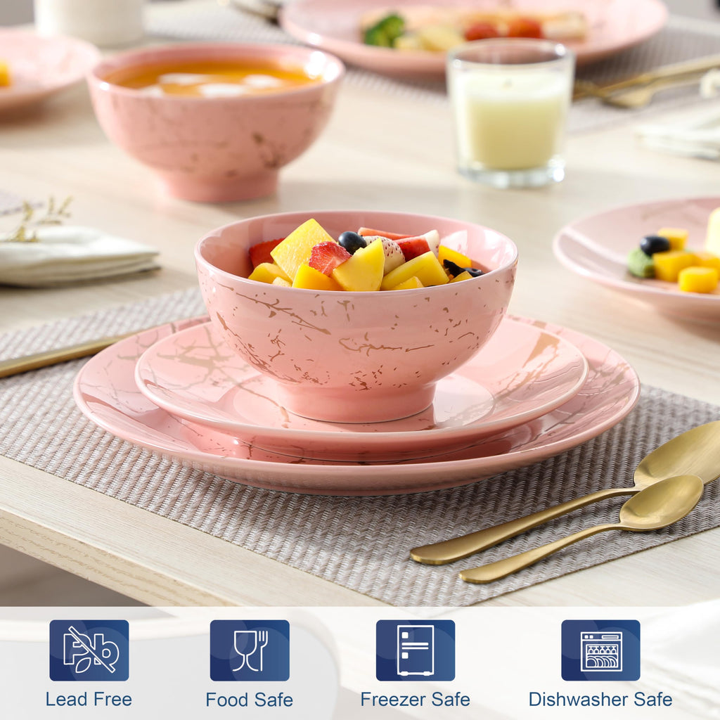 Pink Dinnerware Sets for 4, 12 Piece Porcelain Plates and Bowls Sets, Gold Splash Dish Set, Modern Ceramic Dinner
