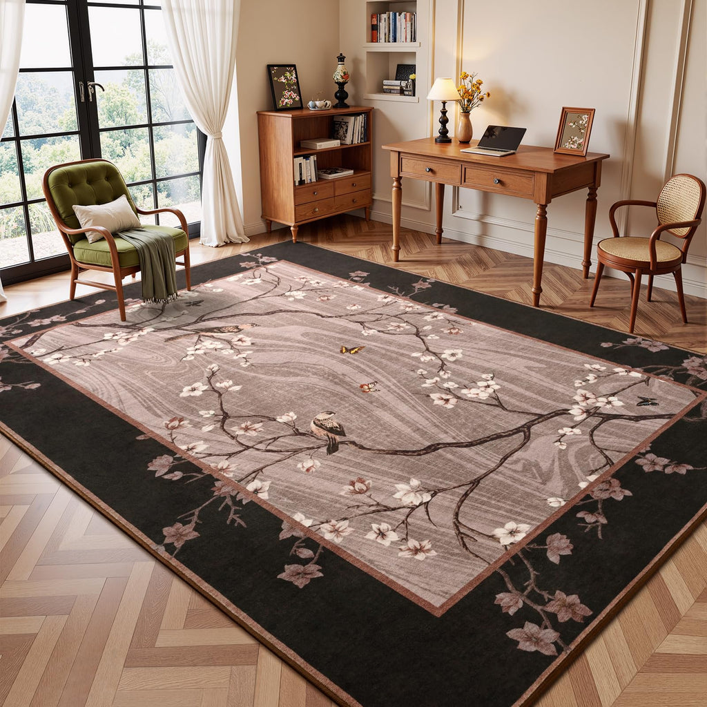 Brown Oriental Flower Bird Butterfly Print Floor Rug