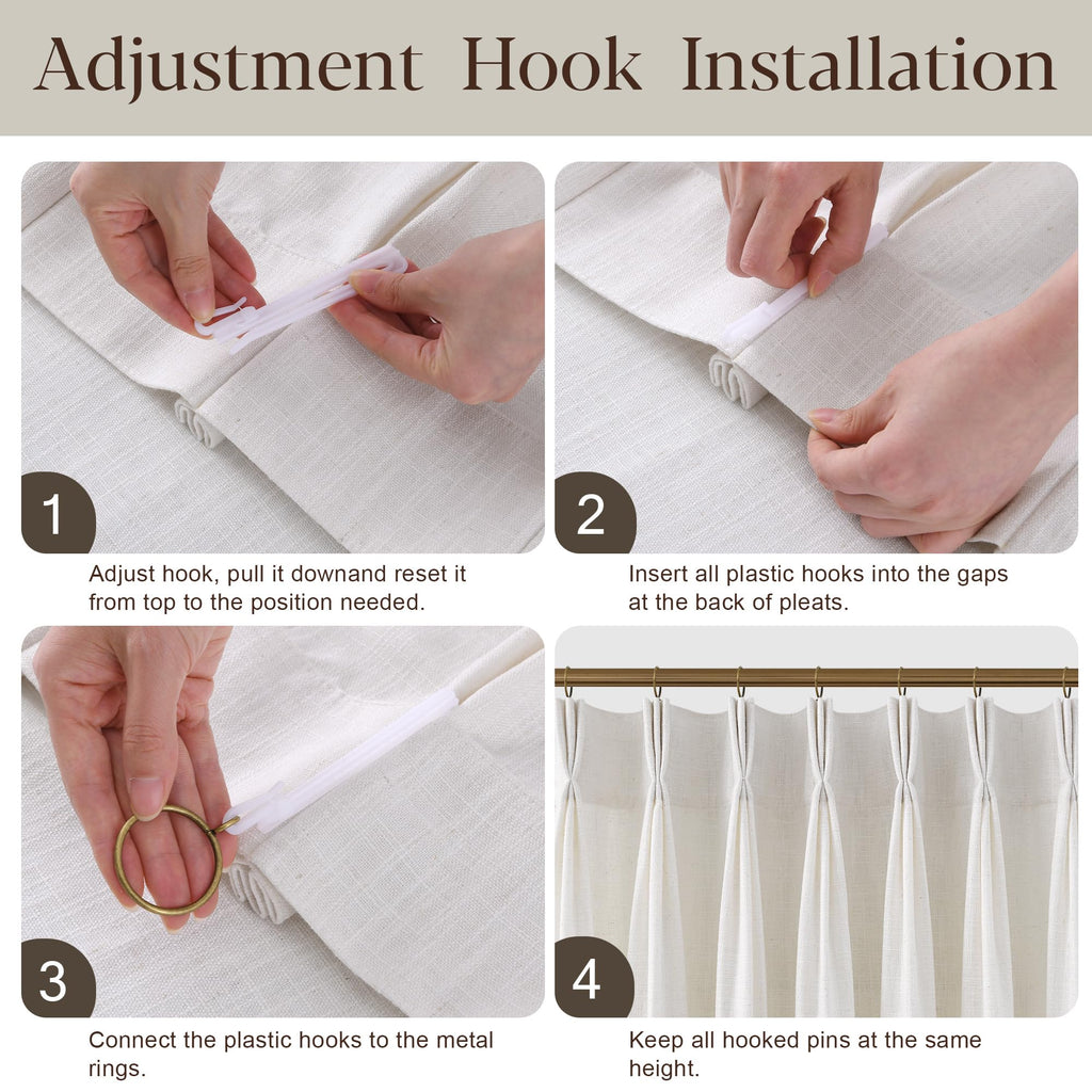130 Inches Long Pinch Pleated Linen Curtains for Living Dining Room Bedroom Natural Cream Beige Light Filtering