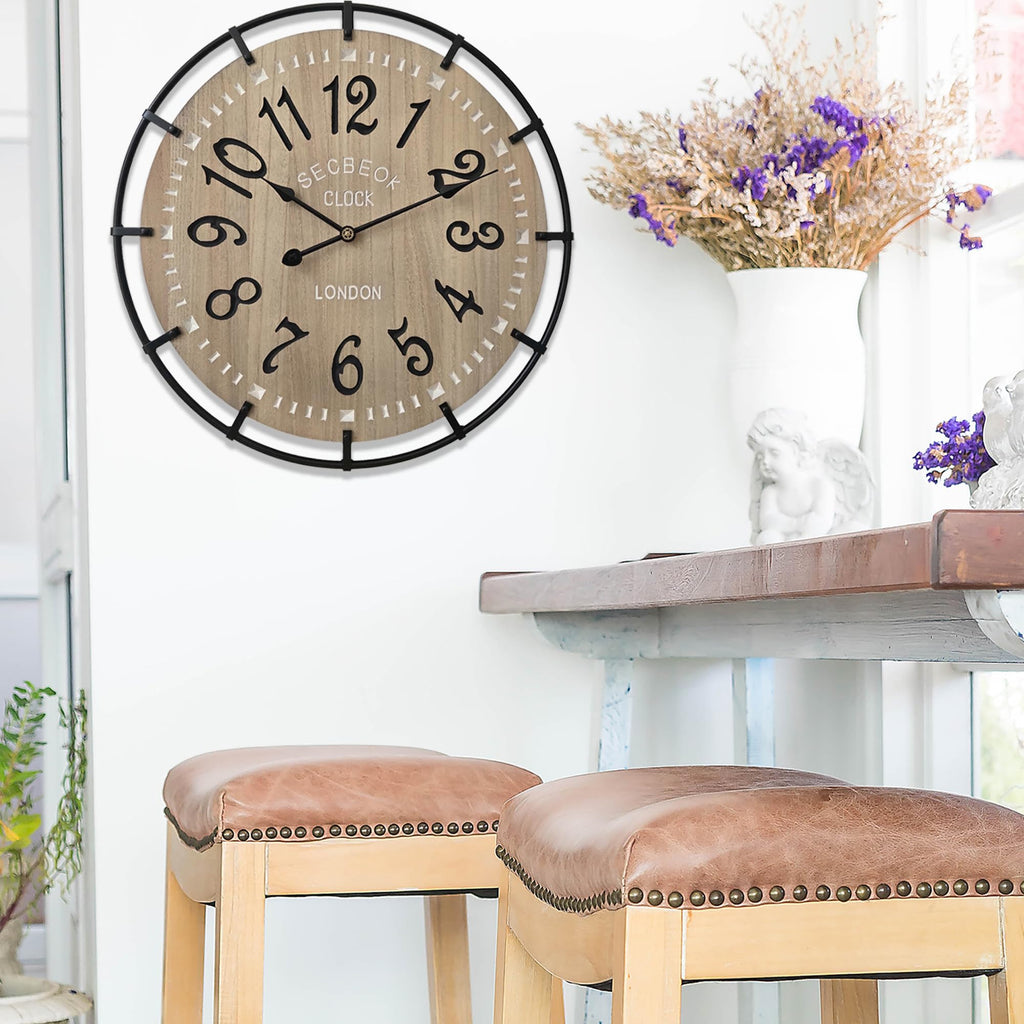 24 Inch Large Farmhouse Wall Clock, Metal Rustic Wood with Silent Quartz Movement, Easy Read Arabic Numerals, Battery