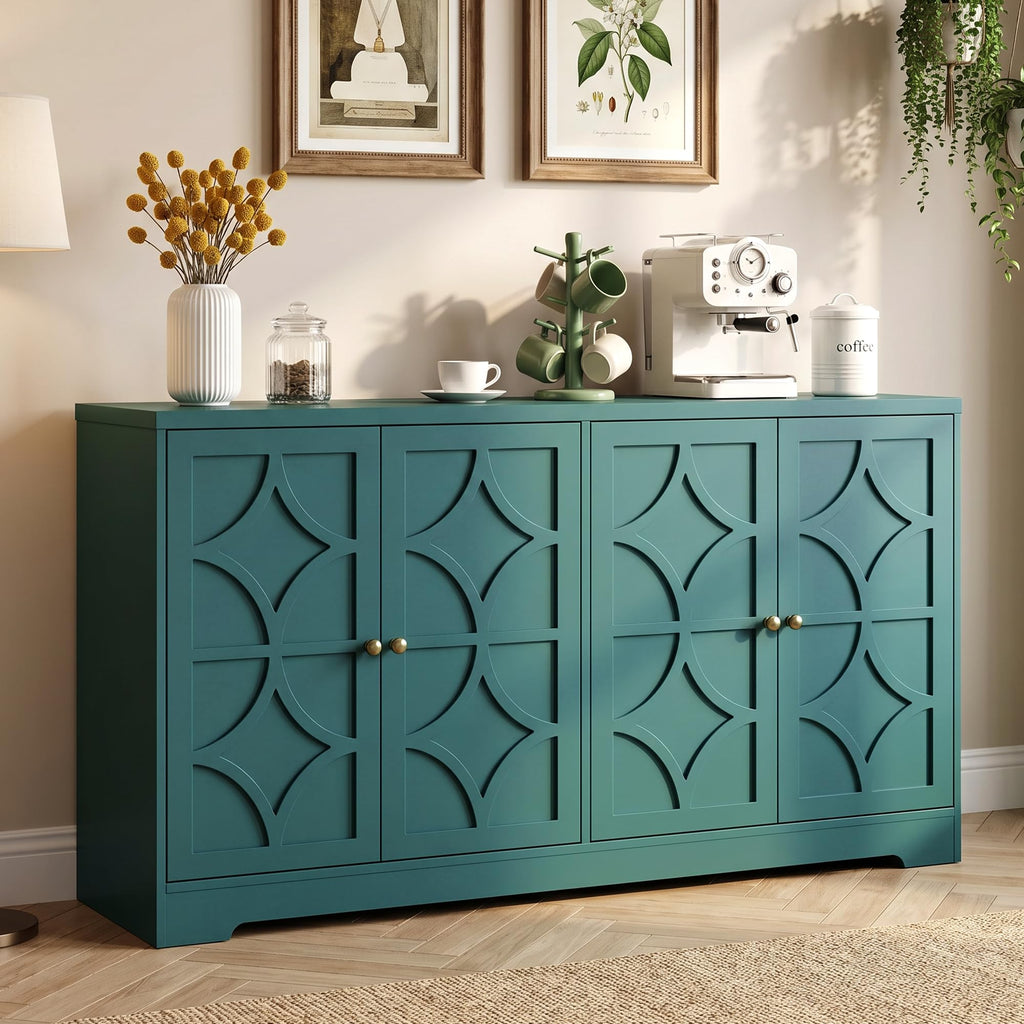 112'' Sideboard Buffet Cabinet with Storage, Modern Sideboard with 4 Carved Doors and Adjustable Shelves, Large Wood