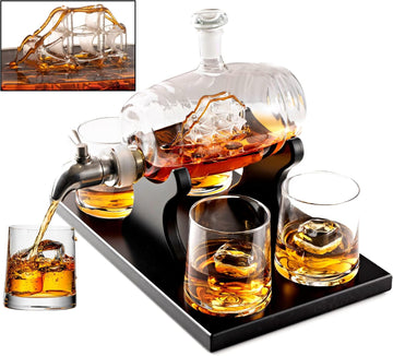 Whiskey Decanter Barrel Set - 1000ml Liquor Dispenser - 4 Glasses - Ship in a Bottle Bar Gifts - Set of 6