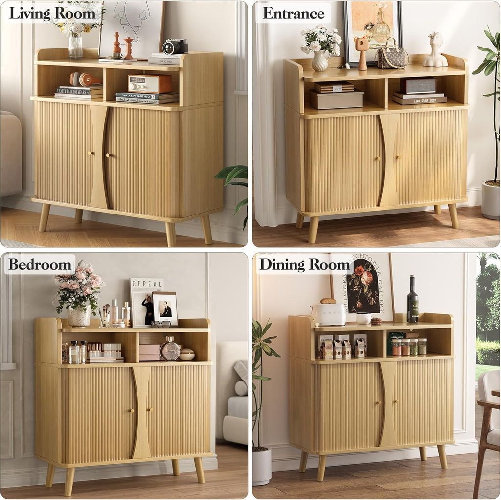 39" Buffet Sideboard Cabinet, Mid Century Modern Console Cabinet with Roller Shutter Sliding Doors & Adjustable