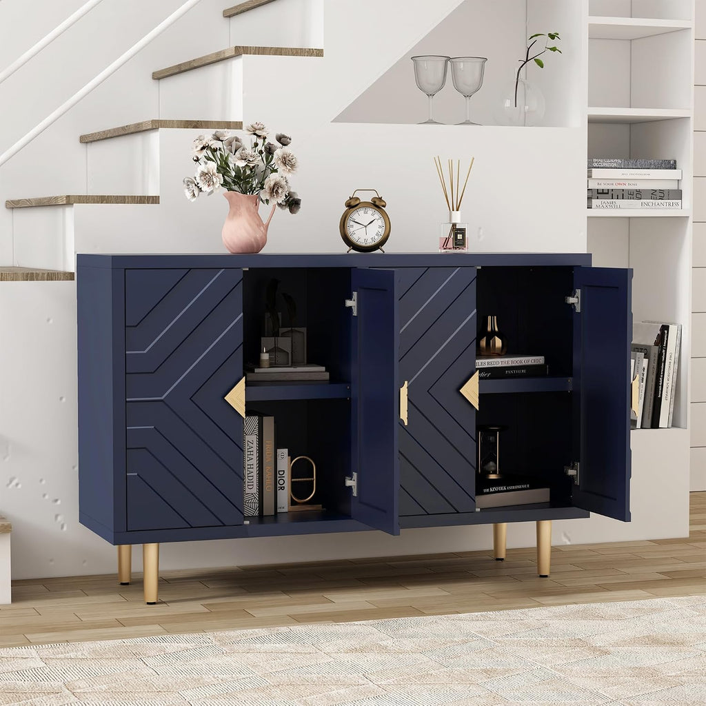 48'' Modern Sideboard Buffet Storage Cabinet with 4 Doors, Blue | Accent Storage Cabinet with Embossed Patterns