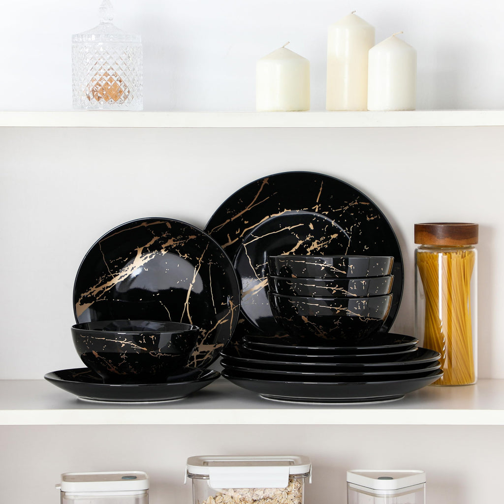 Plates and Bowls Sets for 4, 12 Pieces Porcelain Dinnerware Sets, Black and Gold Dish Set Gold Splash Dishware Sets