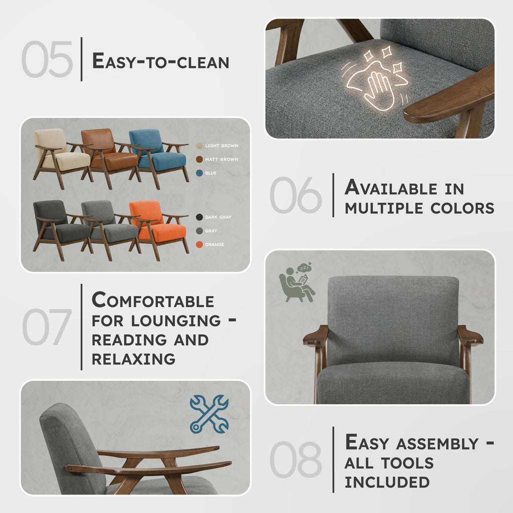 Mid Century Modern Accent Chair with Walnut Wood Frame, Gray