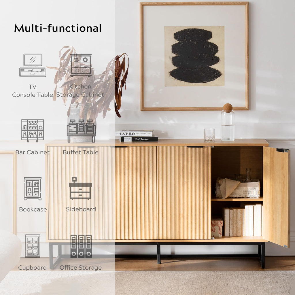 Fluted Sideboard Buffet Cabinet with 4 Doors, Modern Accent Storage Cabinet with Adjustable Shelves, Boho Console