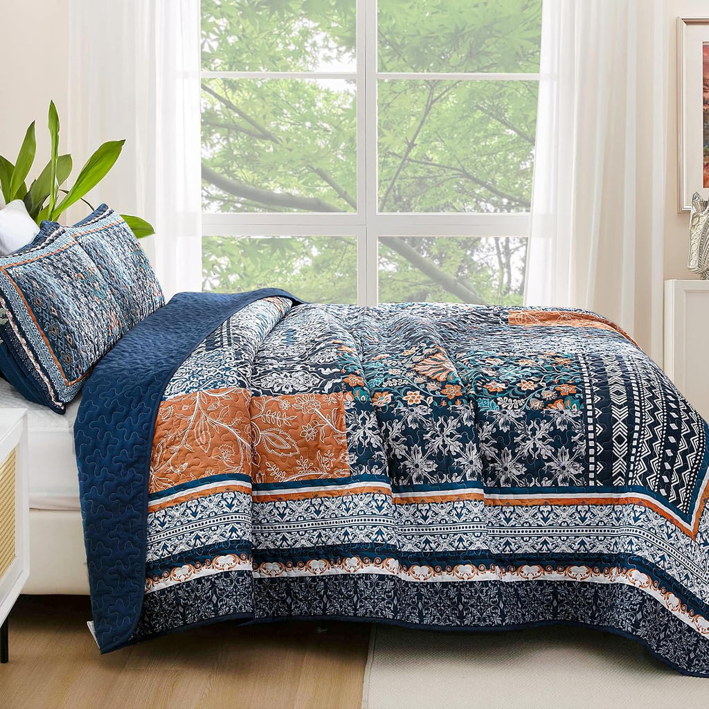 Navy Blue Quilt Set Queen,Bohemian Patchwork Bedspread Coverlet Set, Reversible Farmhouse Floral Pattern Bedspreads