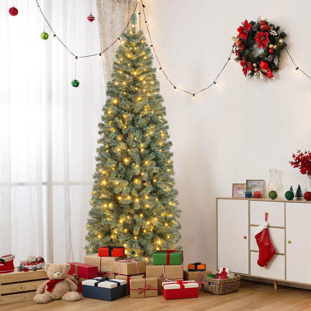 7.5 FT Pre-lit Pencil Christmas Tree, Hinged Artificial Xmas Tree w/ 724 Blue Branch Tips, 250 Warm White &