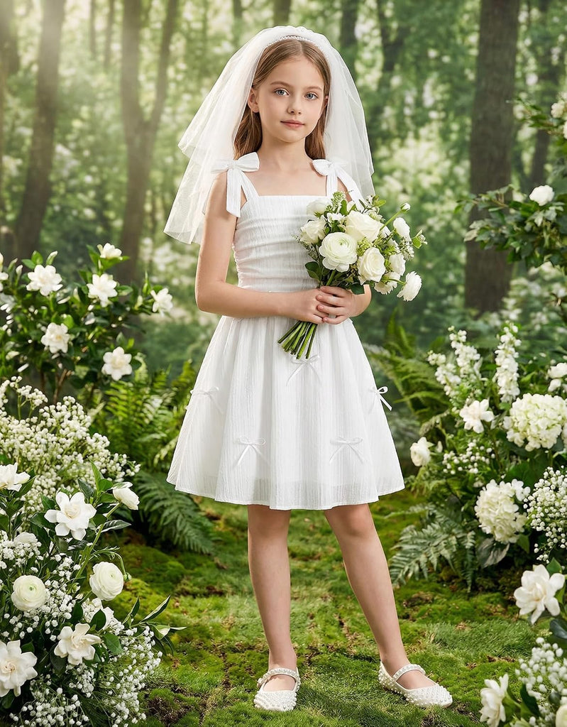 Girls Dresses Ruched Smocked Back Spaghetti Strap Bow Sundress