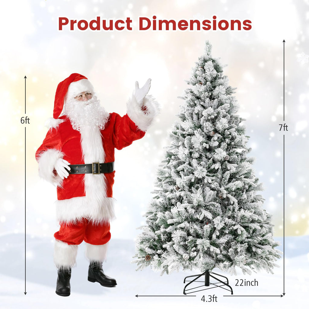 7ft Pre-Lit Snow Flocked Christmas Tree, Artificial Hinged Xmas Tree with 320 Multi-Color LED Lights, 8 Lighting