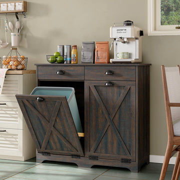 Farmhouse Trash Can Cabinet, Double Tilt Out Trash Bin Cabinet with Barn Doors & Hideaway Drawers, Dark Brown