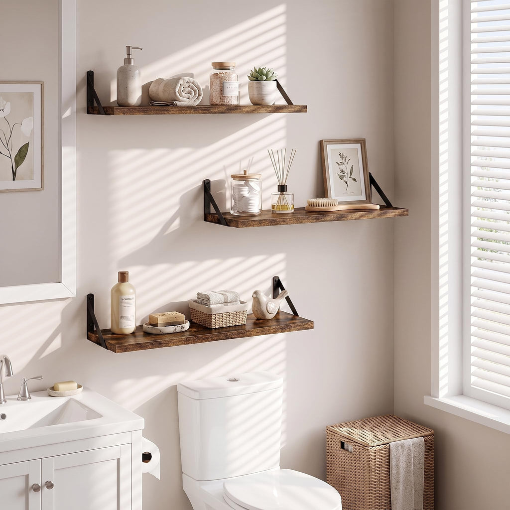 Wall Mounted Floating Shelves Set of 3, 24x8, Rustic Brown