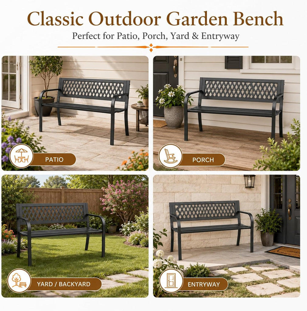 Garden Bench, Outdoor Metal Park Bench with Backrest and Armrests, 500 Lbs Static Load Tested, Black Patio Bench for