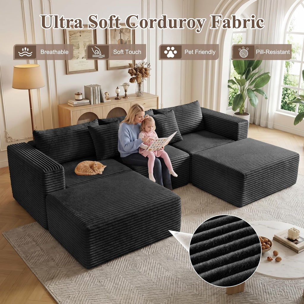 Boneless Couches - 110" U Shaped Modular Sectional Sofa with Ottoman Oversized Deep Seat Corduroy No Assembly Memory