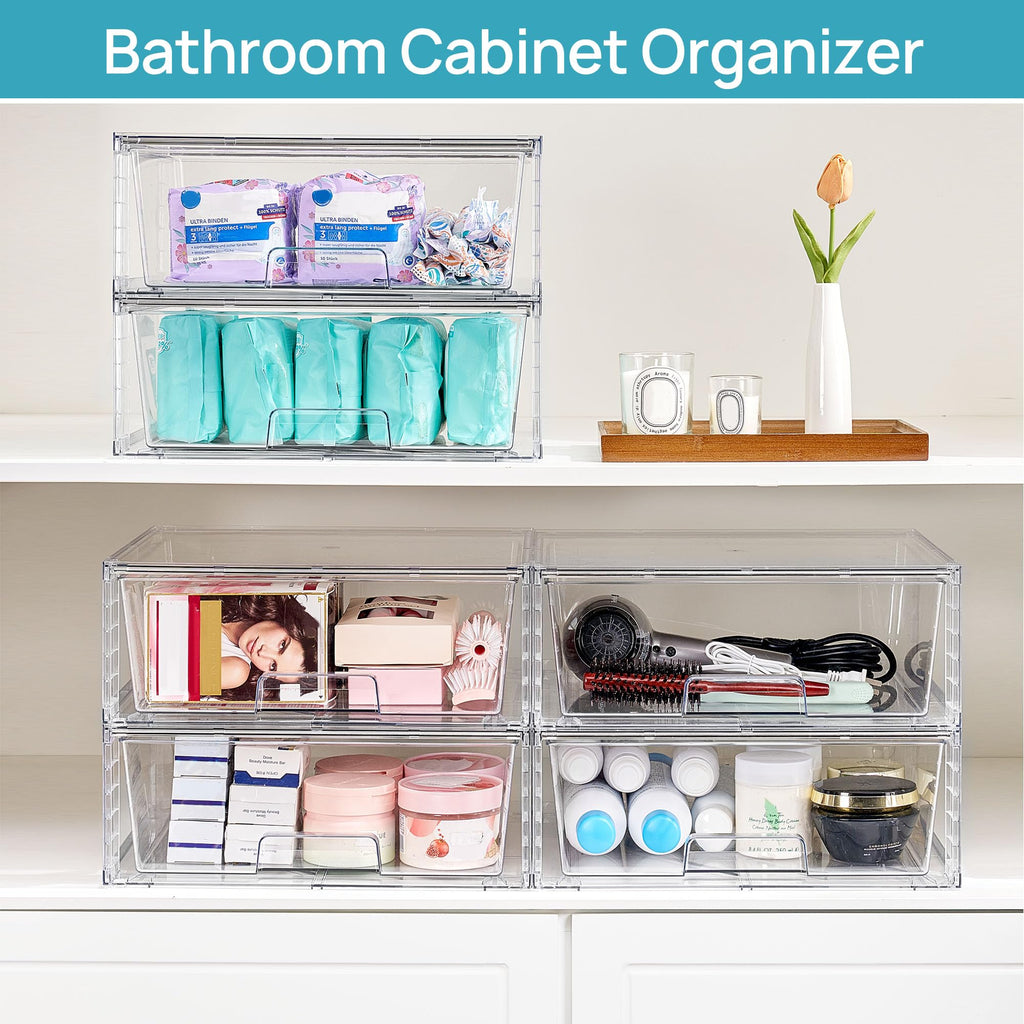 8 Pack Large Clear Stackable Storage Drawers for Closet, Pantry