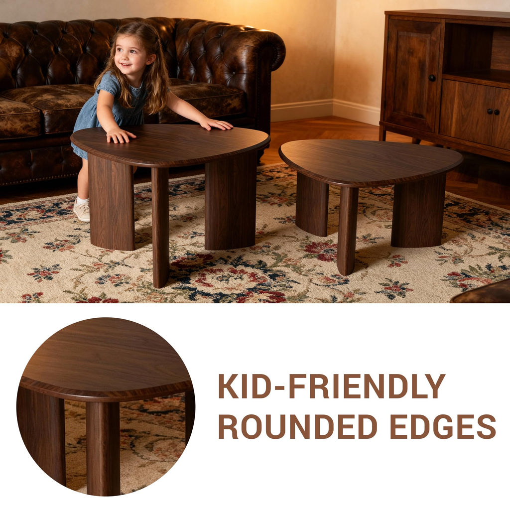 Nesting Coffee Set of 2, Modern Walnut Wood Veneer Coffee and Side Set, Small End Set with Flexible Use and