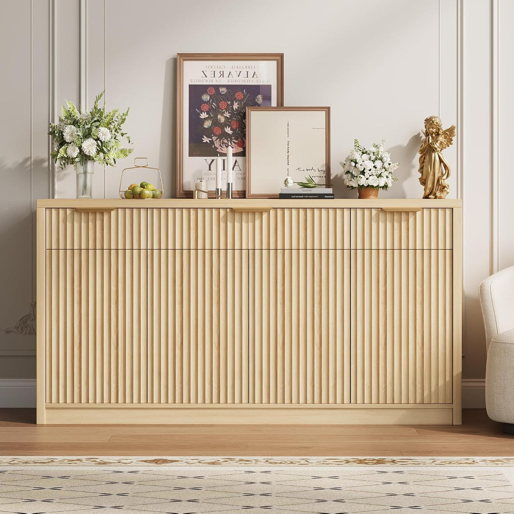 55" Buffet Sideboard Cabinet, Modern Fluted Storage Cabinets Natural | Wood Coffee Bar Storage Cabinet with 3 Drawers