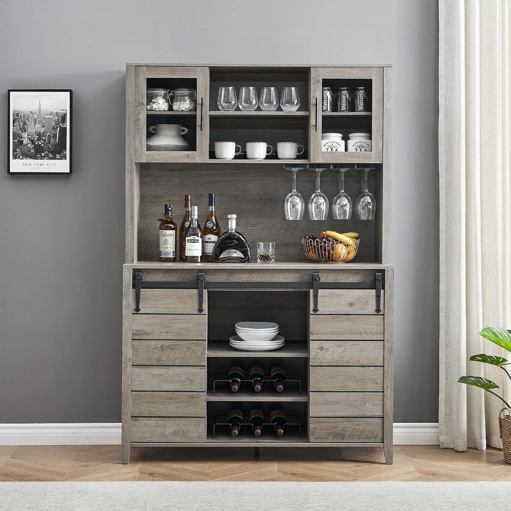 70 in Tall Farmhouse Coffee Bar Cabinet, Kitchen Hutch Storage with Sliding Barn Door, Kitchen Buffet with Wine Rack