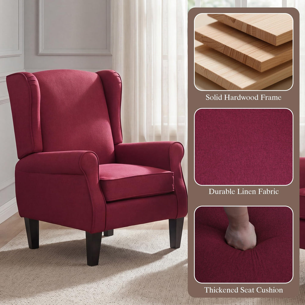 Wingback Accent Chair with Nailhead Trim, Mid Century Modern Armchair (Linen Red, Set of 2)